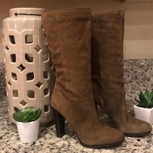 Nine West Faux suade tan mid calf heeled boots